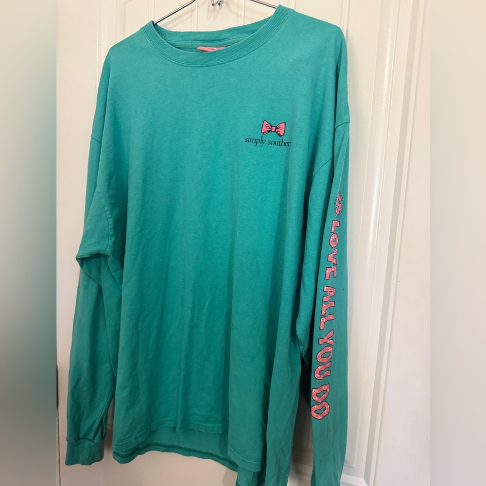 Simply Southern Teal Long Sleeve Tee with Pink Accents - Picture 4 of 10